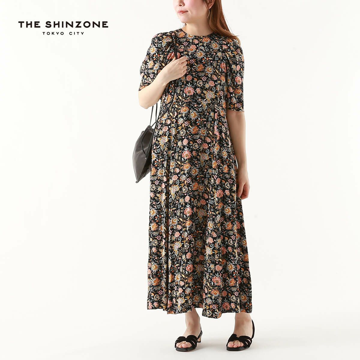 シンゾーン コットンリネンストライプエプロンドレス ワンピース